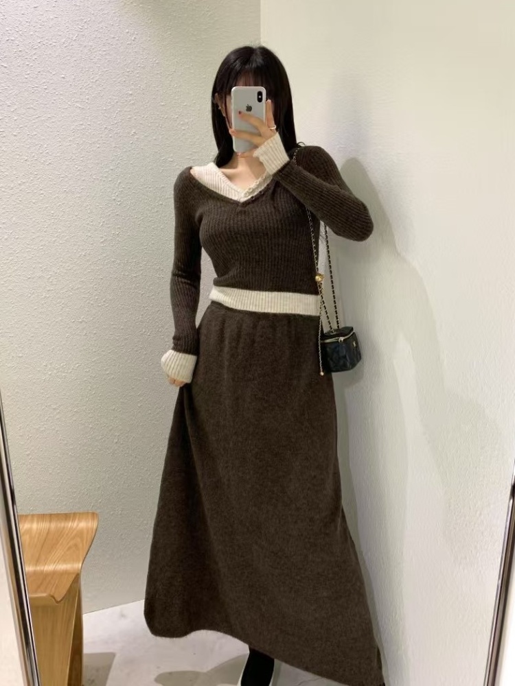 Mixed colors sweater Casual long skirt a set