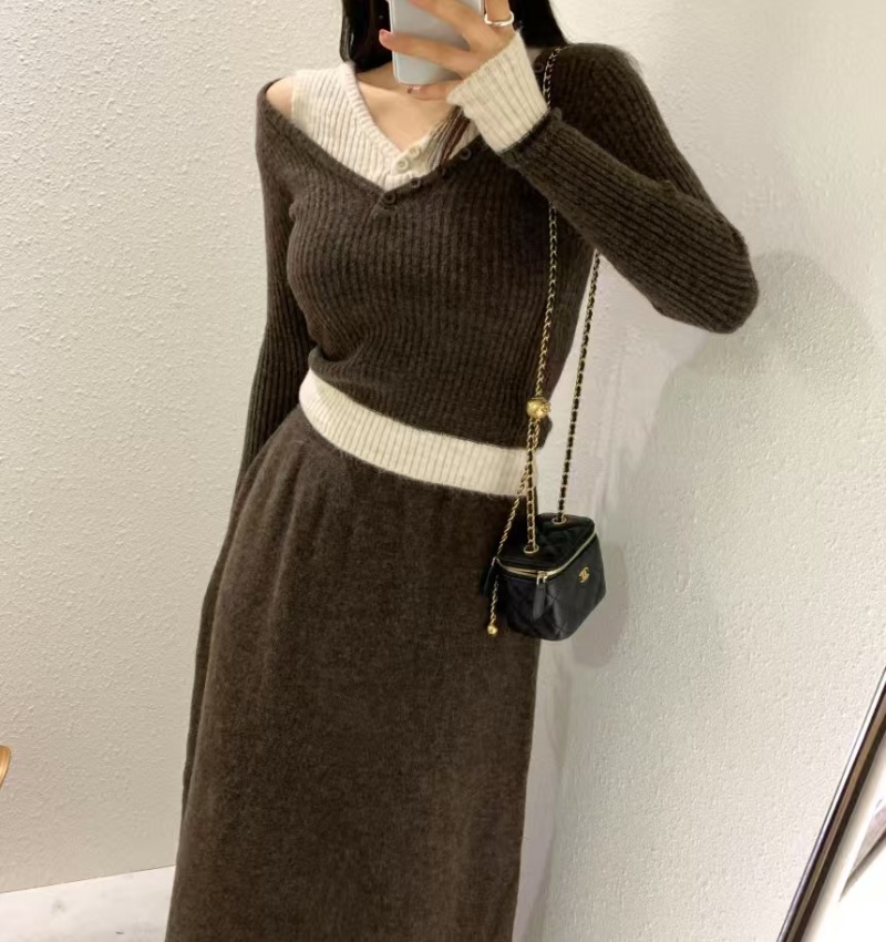 Mixed colors sweater Casual long skirt a set