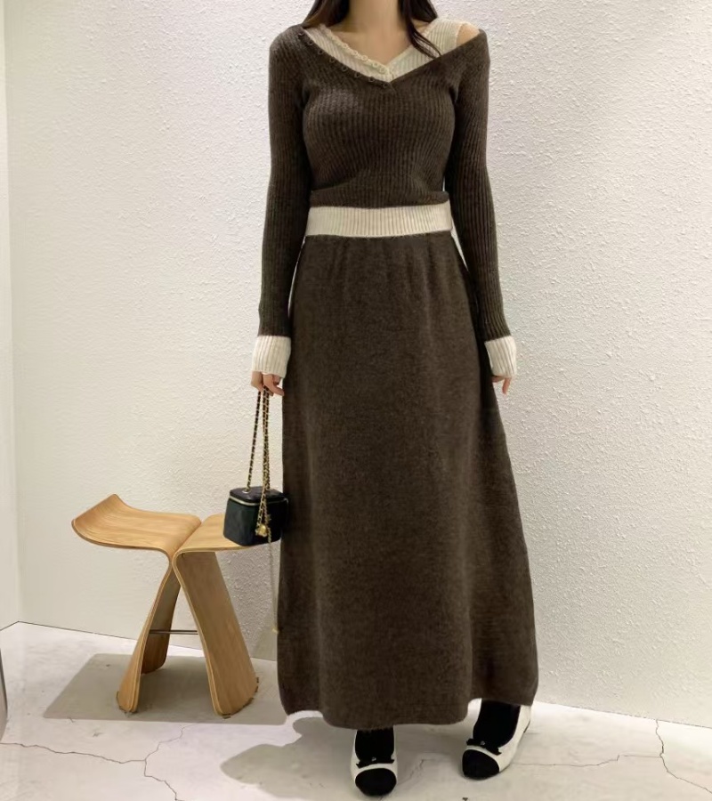 Mixed colors sweater Casual long skirt a set