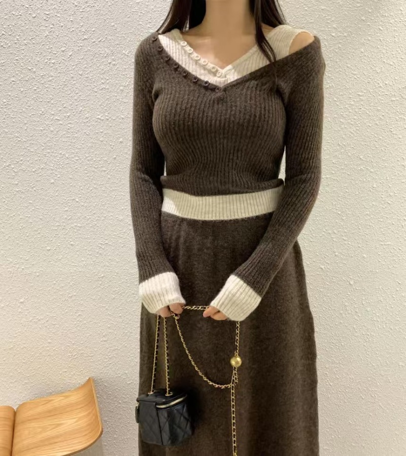 Mixed colors sweater Casual long skirt a set