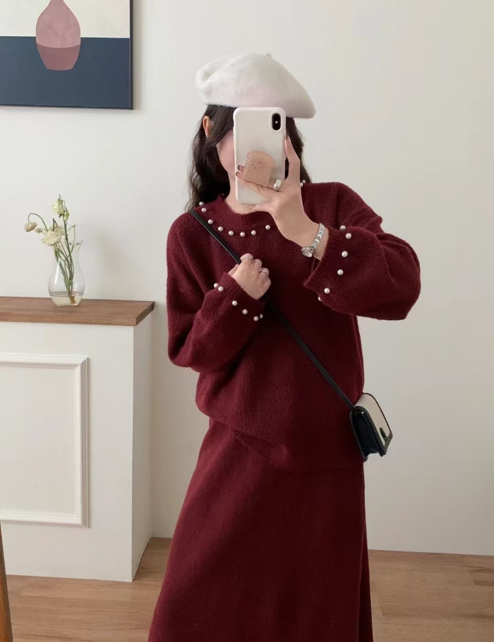 Temperament beading Korean style skirt fashion spring tops a set