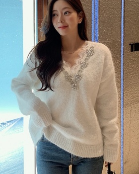 Sweet style rhinestone V-neck spring splice sweater