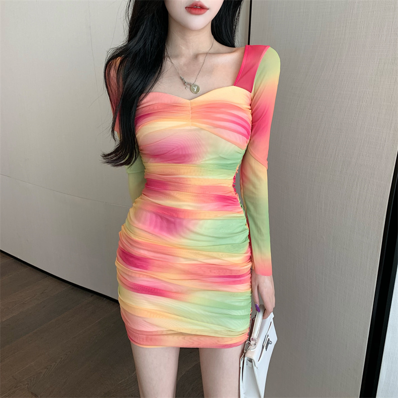 Autumn pinched waist slim printing dress