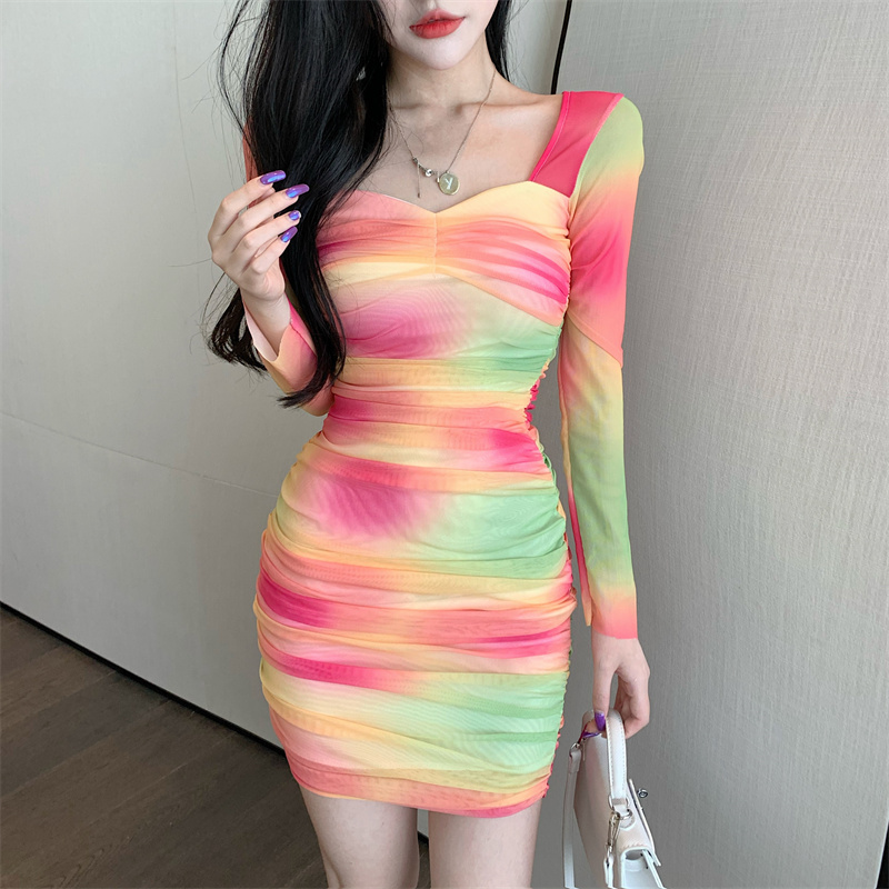 Autumn pinched waist slim printing dress