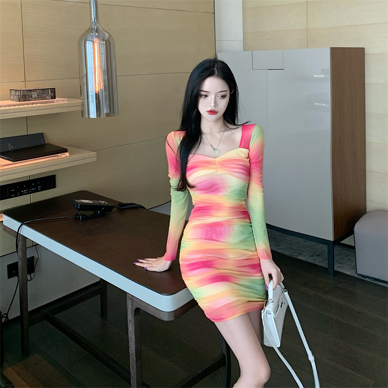 Autumn pinched waist slim printing dress