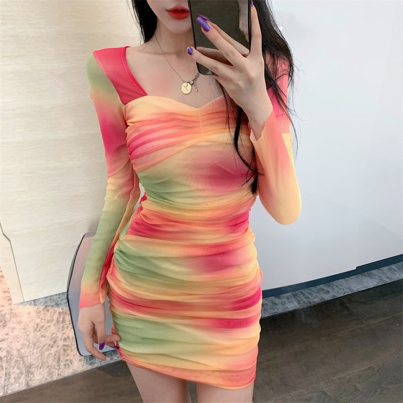 Autumn pinched waist slim printing dress