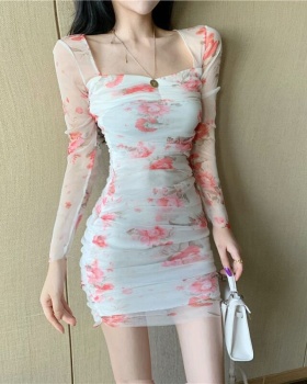 Printing lace slim bottoming pinched waist autumn dress