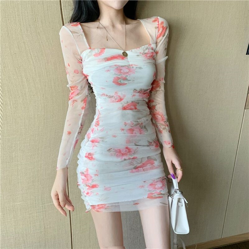 Printing lace slim bottoming pinched waist autumn dress