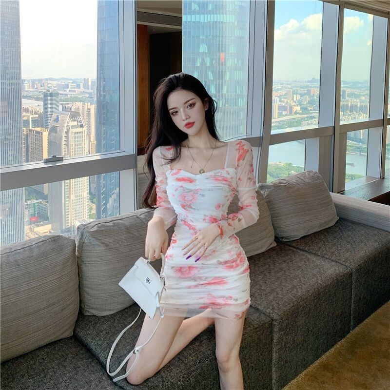 Printing lace slim bottoming pinched waist autumn dress