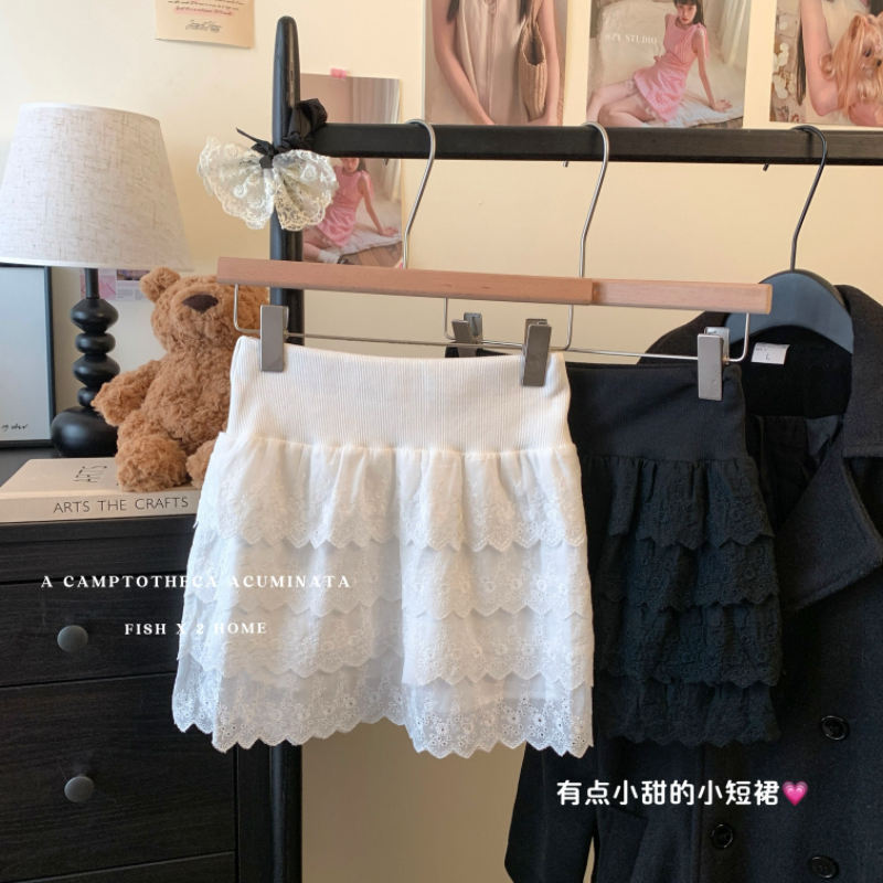 Hollow fold high waist skirt hook flower A-line short skirt