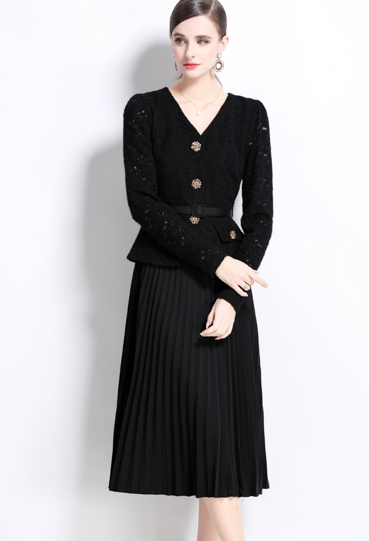 Temperament lace Pseudo-two pleated ladies dress for women