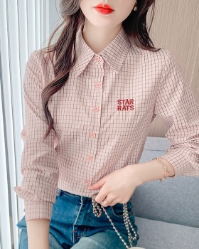 Spring all-match slim plaid letters long sleeve shirt