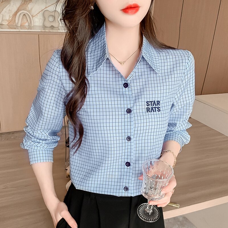 Spring all-match slim plaid letters long sleeve shirt