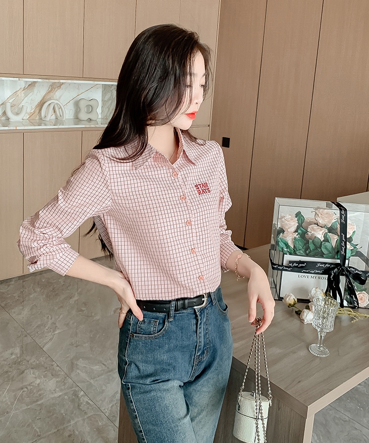 Spring all-match slim plaid letters long sleeve shirt