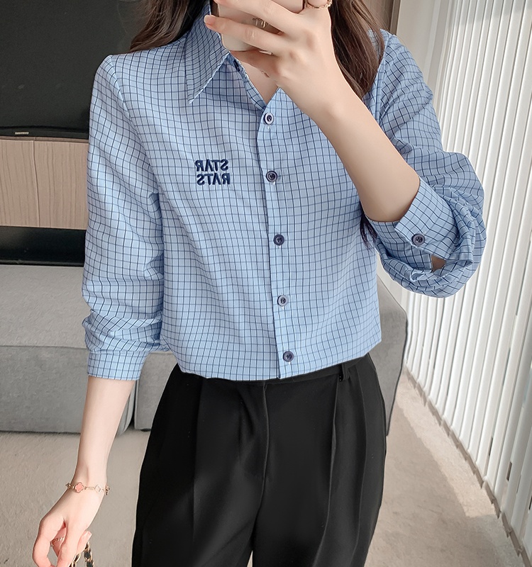 Spring all-match slim plaid letters long sleeve shirt