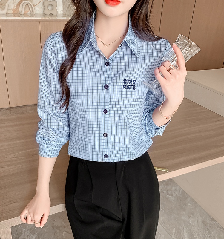 Spring all-match slim plaid letters long sleeve shirt