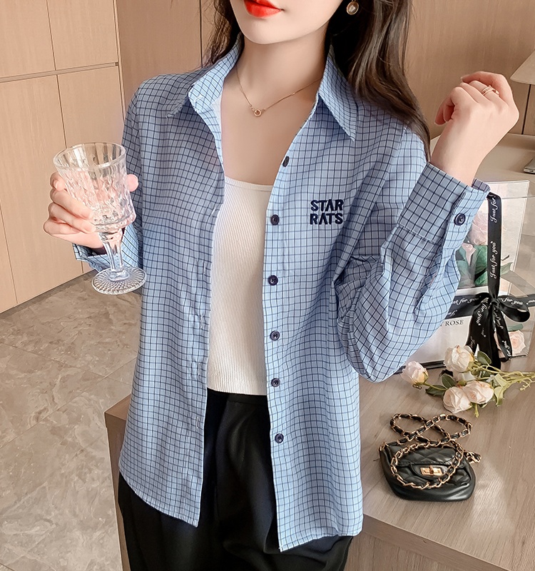 Spring all-match slim plaid letters long sleeve shirt