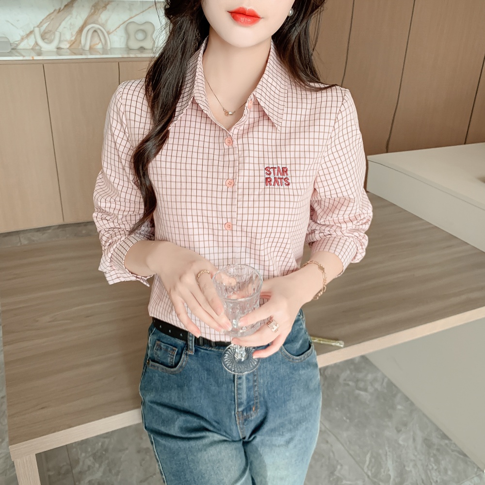 Spring all-match slim plaid letters long sleeve shirt