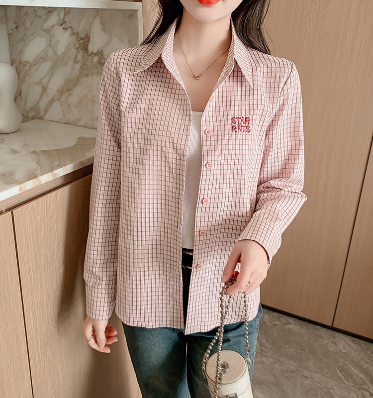 Spring all-match slim plaid letters long sleeve shirt