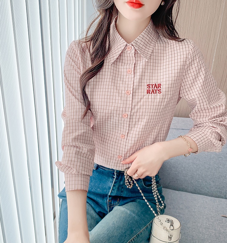 Spring all-match slim plaid letters long sleeve shirt