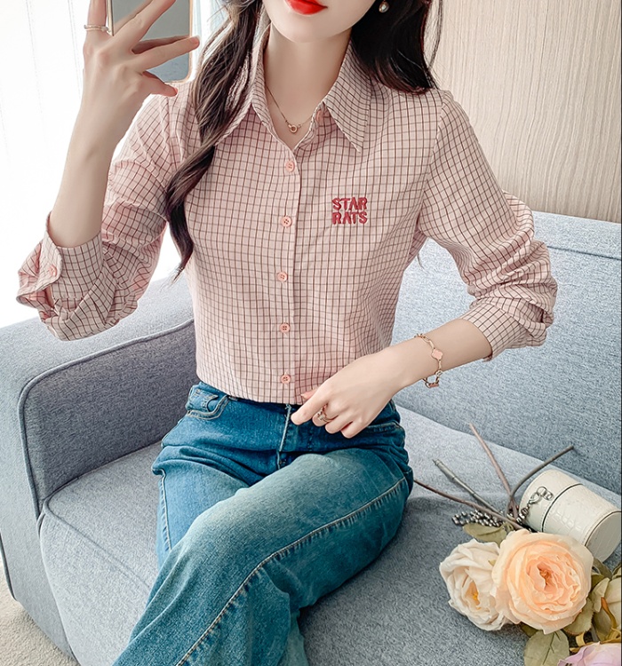 Spring all-match slim plaid letters long sleeve shirt