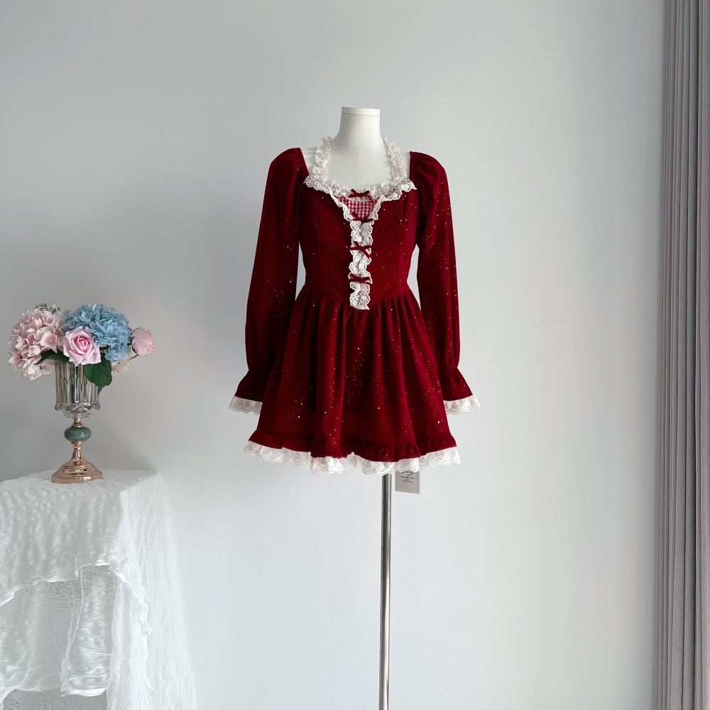 Winter sweet velvet France style slim dress