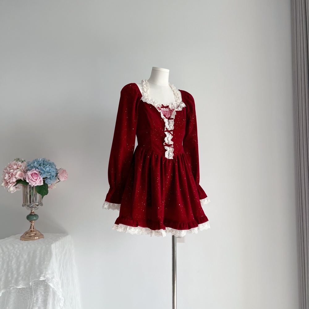 Winter sweet velvet France style slim dress