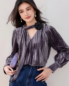 Velvet France style cardigan V-neck purple shirt