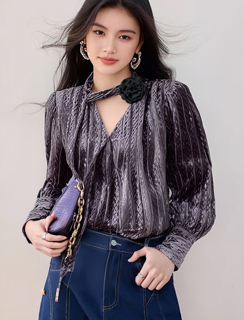 Velvet France style cardigan V-neck purple shirt