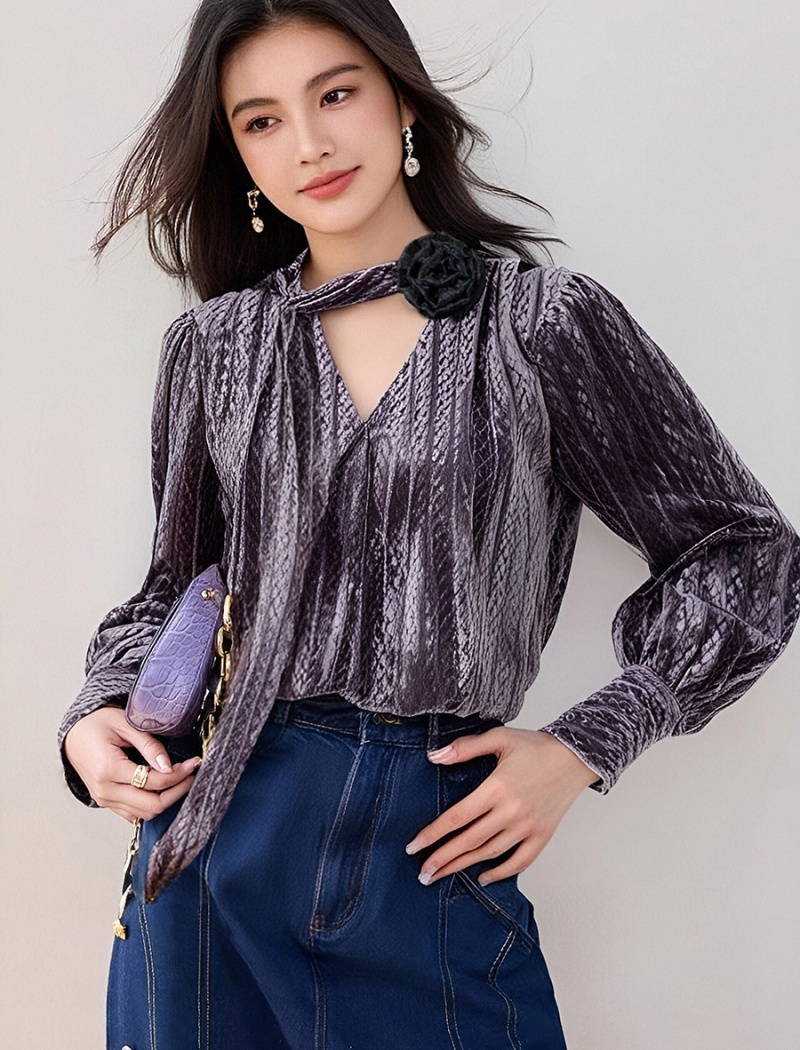 Velvet France style cardigan V-neck purple shirt