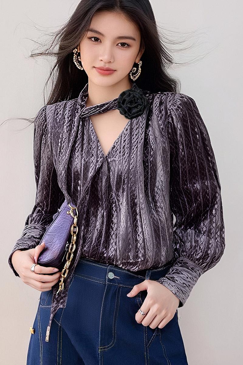 Velvet France style cardigan V-neck purple shirt