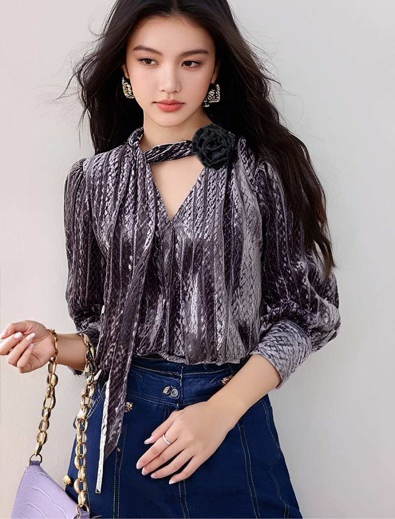 Velvet France style cardigan V-neck purple shirt