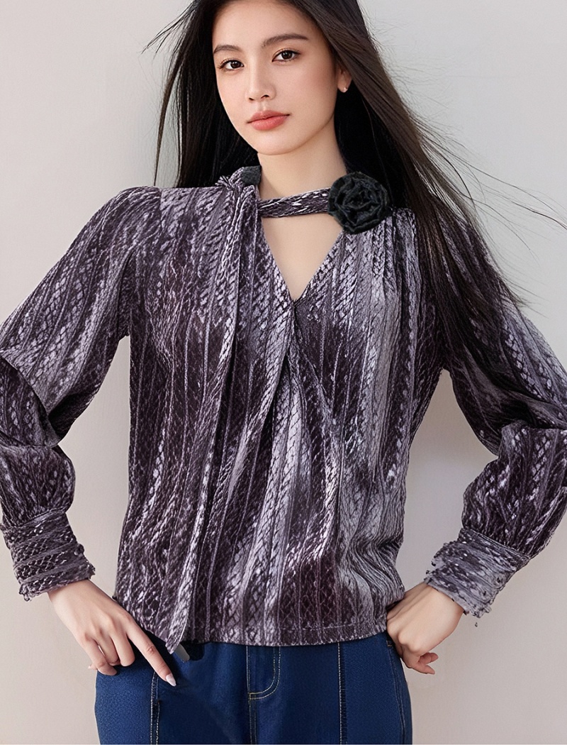 Velvet France style cardigan V-neck purple shirt