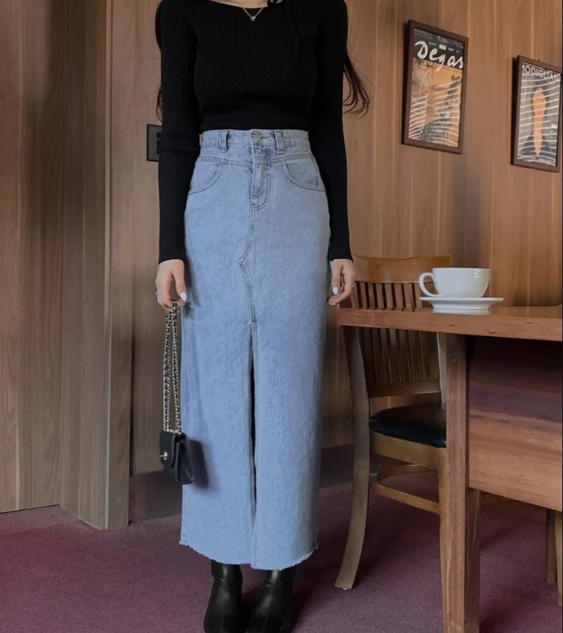 Denim retro slit washed long skirt