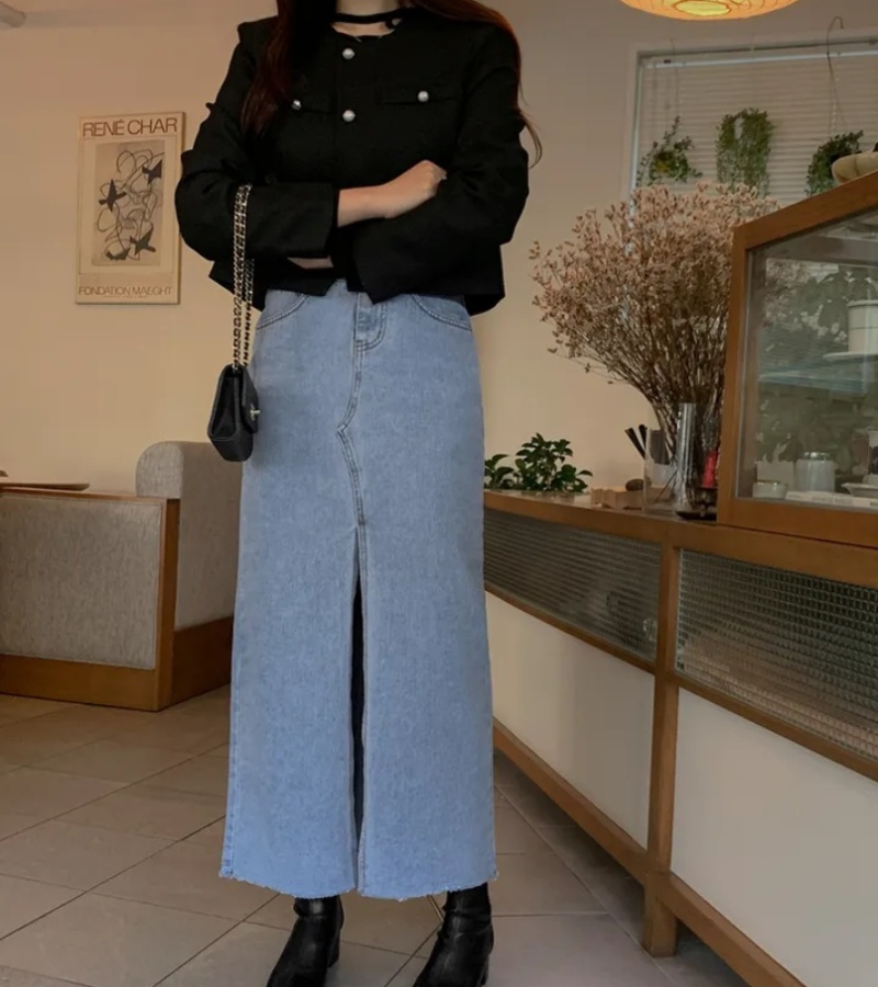 Denim retro slit washed long skirt