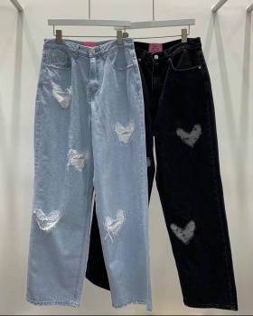 Heart wide leg denim worn pattern satin long pants