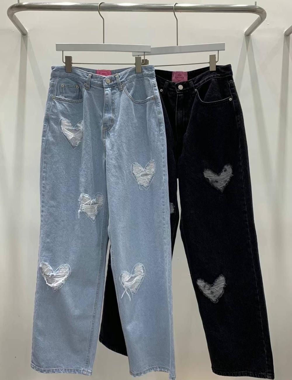 Heart wide leg denim worn pattern satin long pants