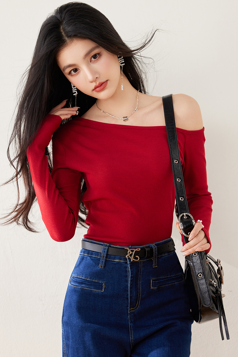 Wine-red bottoming shirt long sleeve tops for women