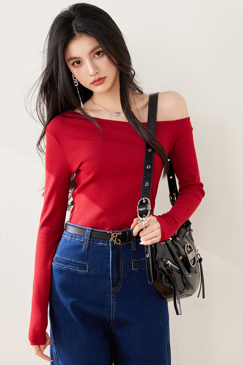 Wine-red bottoming shirt long sleeve tops for women