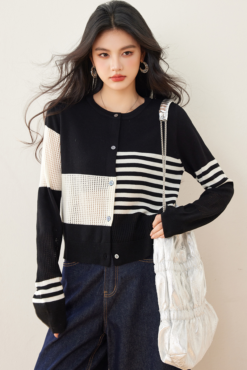 Knitted short irregular cardigan hollow round neck niche coat