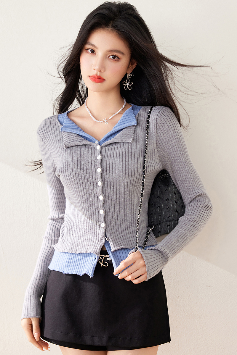 Bottoming V-neck mixed colors cardigan knitted short tops