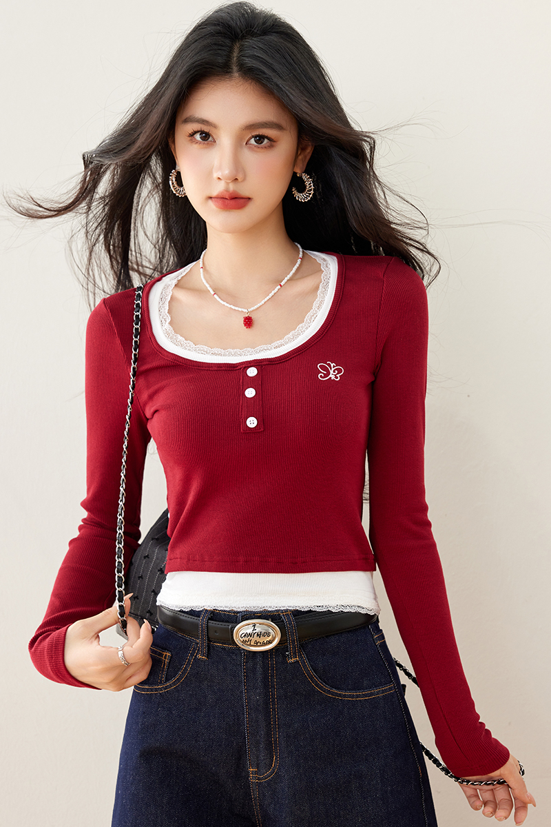 Pseudo-two T-shirt lace bottoming shirt for women