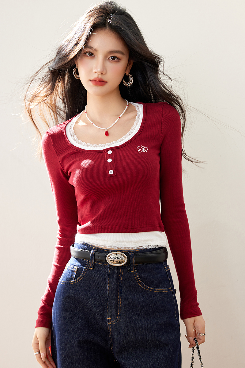 Pseudo-two T-shirt lace bottoming shirt for women