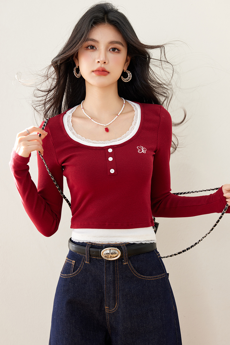 Pseudo-two T-shirt lace bottoming shirt for women