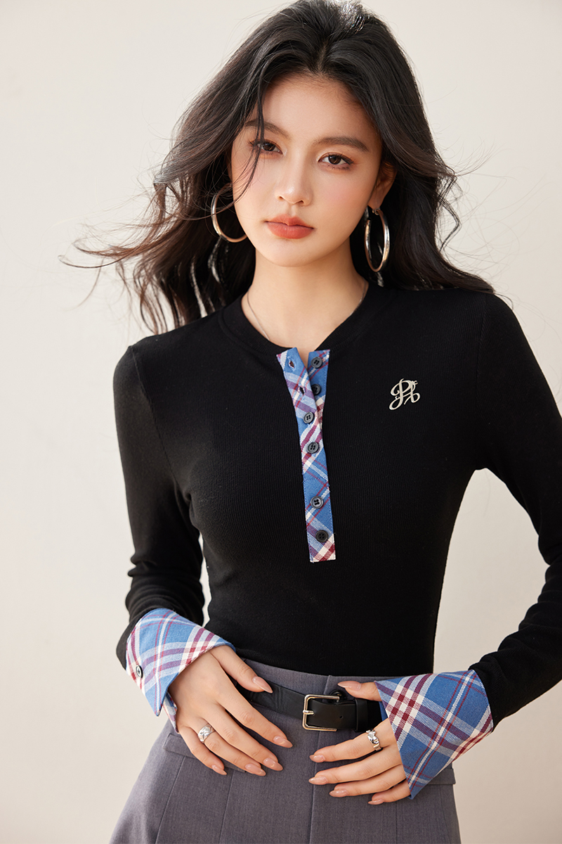 Bottoming spring Pseudo-two plaid slim long sleeve tops