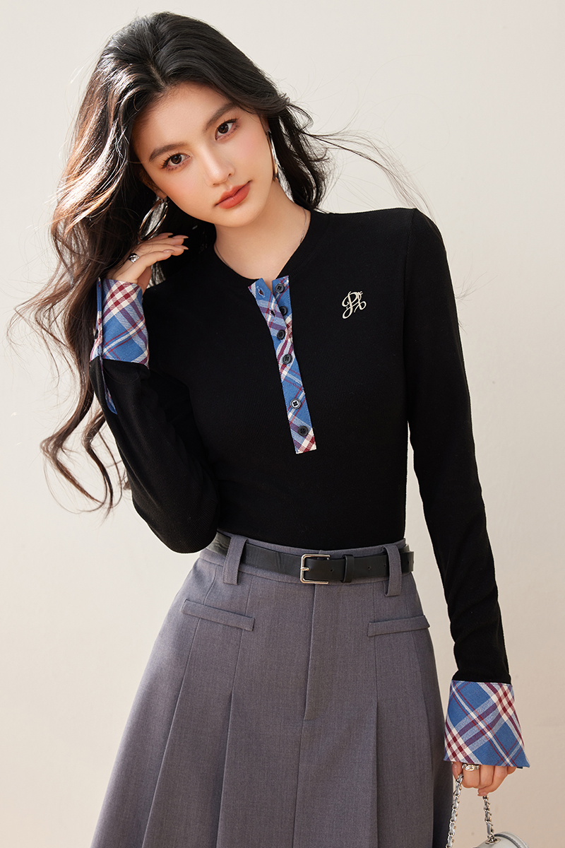 Bottoming spring Pseudo-two plaid slim long sleeve tops