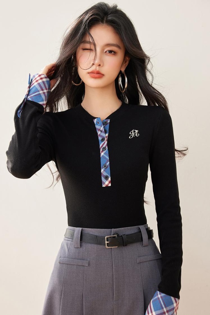 Bottoming spring Pseudo-two plaid slim long sleeve tops