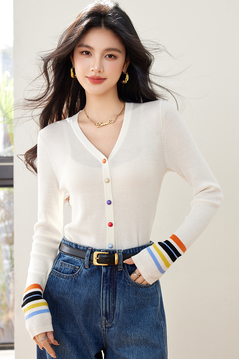 Inside the ride stripe tops slim bottoming cardigan