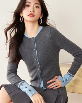 Wool elegant splice gray simple sweater for women