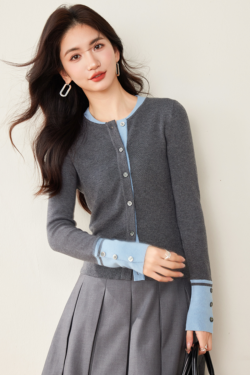 Wool elegant splice gray simple sweater for women